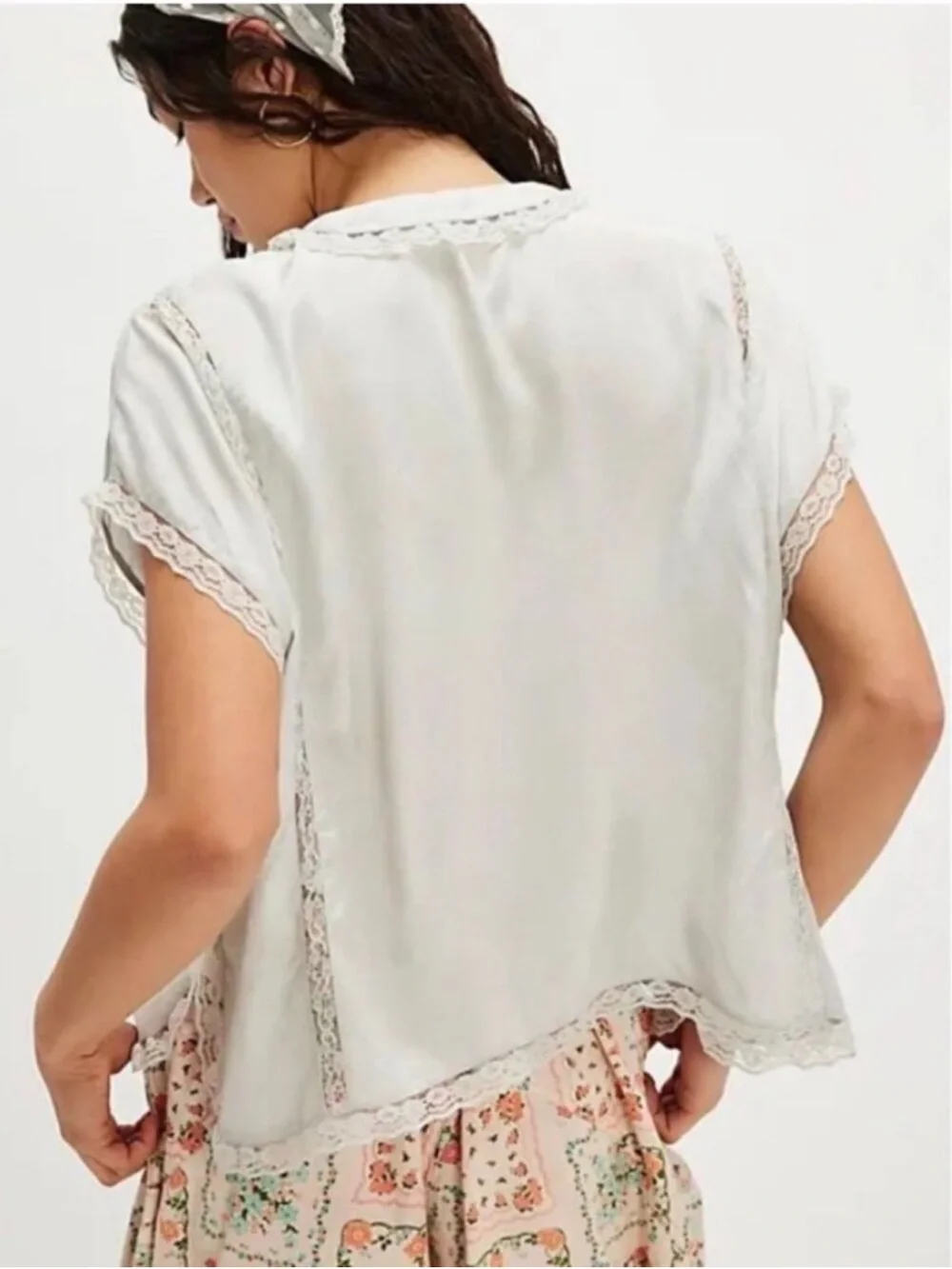 Free People Marigold Clean Ivory Lace Trim Tie-Front Top